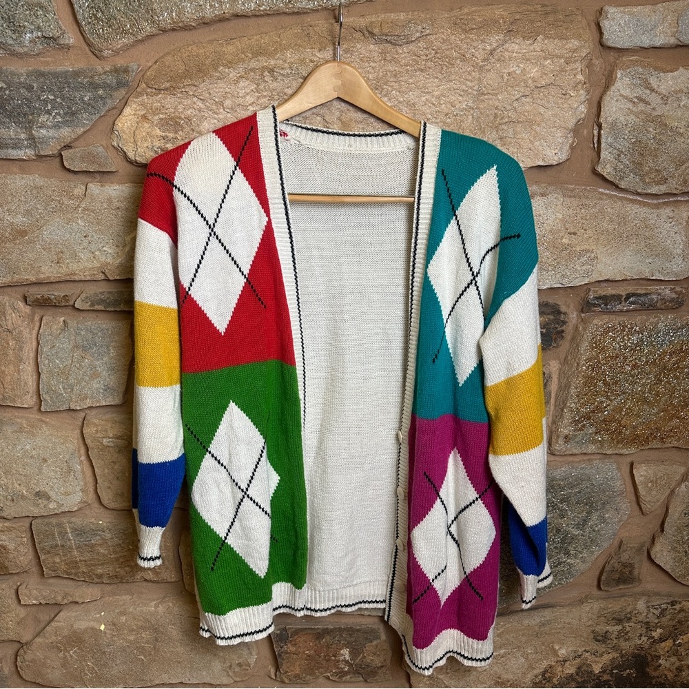 Vintage Open-Front Multicolor Argyle Knit Sweater Cardigan - Women